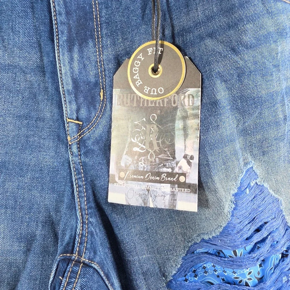 Rutherford Distressed Jeans Men 38 Blue Paisley Bandana Patch Streetwear Denim